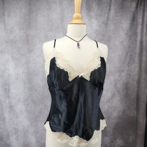 Cinejour Black Satin Lace Trim Camisole Top XL Adjustable Straps Cream Lace‎
